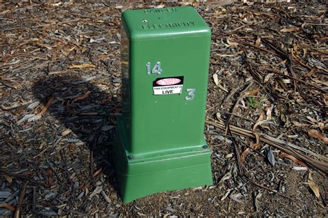 green metal box in yard|green electrical box in yard.